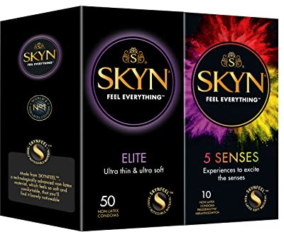 SKYN Elite (50 Stück) & 5 Senses (10 Stück) Ultradünn und weich Kondome | Skynfeel, latexfrei, normale Größe, glatte gerade Form, 53 mm breit