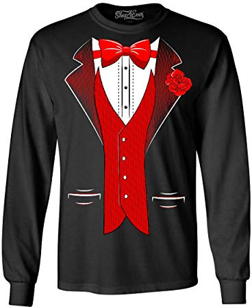 shop4ever Classic Tuxedo with Red Rose Long Sleeve Shirt Party Costume Shirt X-Large Black 0
