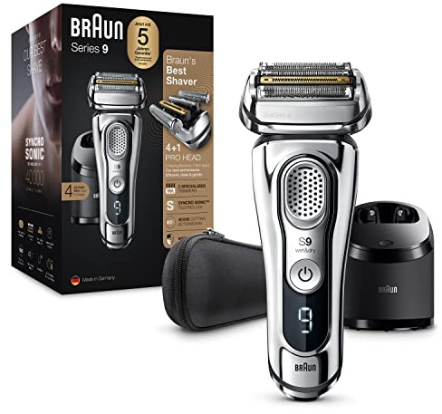 Braun Series 9 Premium Rasierer Herren mit 4+1 Scherkopf, Elektrorasierer & Trimmer für Präzision, Reinigungs- & Ladestation, Li-Ionen-Akku 60 min, Wet & Dry, 9375cc, chrom