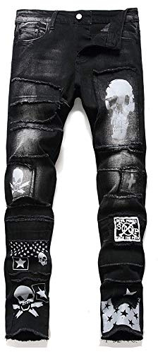 SWOMRCMYR qingtianzhuxinxikejiyouxiangongsi Men's Jeans Ripped Slim-Fit Black Skinny Fashion Denim Jean Pants Zipper Biker (Black, 31 X 31)