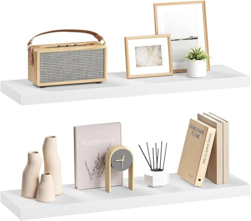 eSituro Wandregal, schwebendes weißes Regale für Wandmontage, 2er-Set Schweberegal Hängeregal Wandbrett im Wohnzimmer Schlafzimmer Küche Badezimmer, 80x3,8x22,9 cm | für Wohnzimmer Schlafzimmer Küche Badezimmer, Schweberegal hängend, mit unsichtbarer Halterung