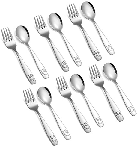 Pimoys 12 Pieces Kids Silverware Toddler Utensils Kids Forks and Spoons Set, Metal Toddler Cutlery Stainless Steel Childrens Flatware Set, Dishwasher Safe