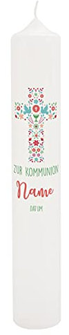Herz & Heim® Große Kommunionskerze 38 cm verschiedene Motive Kreuz aus Blüten, Blättern, Tauben und Kelch