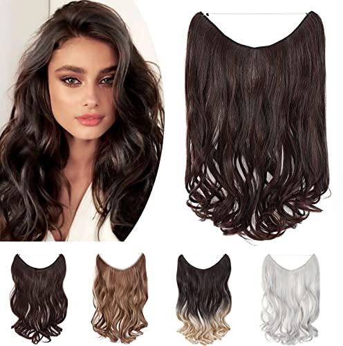 SEGO 50cm Secret Hair Extensions 1 Tresse Haarverlängerung Haare Haarteil mit Unsichtbarer Draht Invisible gewellt Dunkelbraun Mix Dunkles Goldbraun