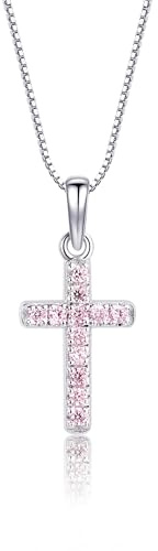 Precious Pieces Girl's 925 Sterling Silver Pink CZ Cross Necklace for First Holy Communion Gift