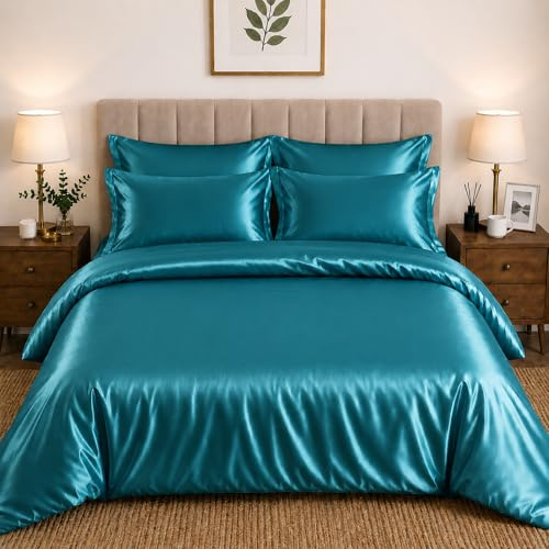 CHARKHAH Satin Silk 6 Piece Complete Bedding Set Durable Silky Fabric with Single Double King Size Bed Fitted Sheet Duvet Cover Comforter and 4 Pillow Cases (Double, Teal)