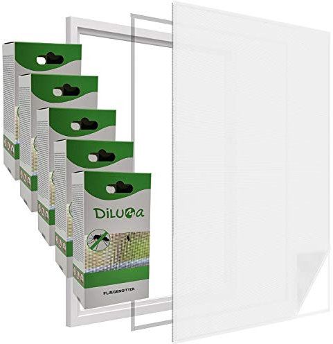 DILUMA | Fliegengitter Fenster 110x130 cm Weiß 5er Set | Durchsichtiges & Kürzbares Fliegennetz mit 5,6m Klettband | Zuverlässiger Schutz vor Mücken, Fliegen & Insekten - Insektenschutz ohne Bohren
