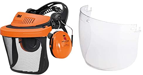 3M PELTOR 7000103790 G500 Combinaison Forestière avec Coiffe Orange et Visière V5C et Coquilles Auditives & Visière en polycarbonate incolore 5F11
