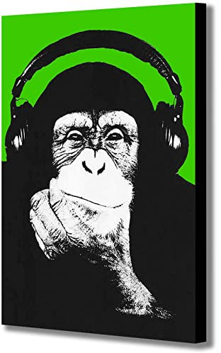 DJ Monkey Chimp Casque audio Thinker Banksy Vert – Toile encadrée – Différentes tailles (A1 [81 cm x 61 cm])