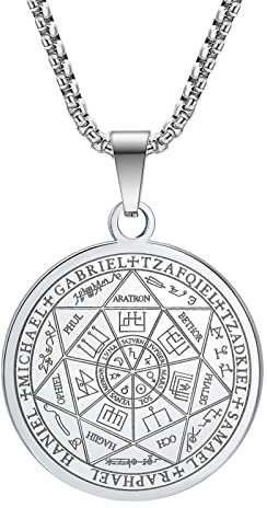 Yaumatea Silver Seven Archangels Pendant Necklace for Men Women, 316L Stainless Steel Seal of the Seven Archangels Protection Amulet, Religious St Michael Medallion Talisman, 24 Chain