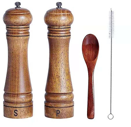 Salz und Pfeffermühlen Manuelles Set Gewürzstreuer Einstellbare Grobe Keramikmühlen Leicht Zu Reinigen mit Reinigungsbürste und Holzlöffel, 22cm