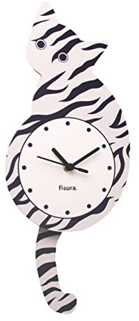 FISURA - Katzenuhr mit Schwanz. Original-Wanduhr. Leise Wanduhr 46 x 8 Zentimeter. Holz und ABS. 1 AA-Batterie (Nicht enthalten) (Schwarz und weiß)
