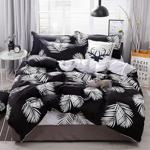 Michorinee Bettwäsche 140x200 Schwarz Weiß Palmen Blätter Muster Bettbezug 140 x 200 cm und Kissenbezug 70x90 cm Microfaser Wendebettwäsche Set mit Reißverschluss