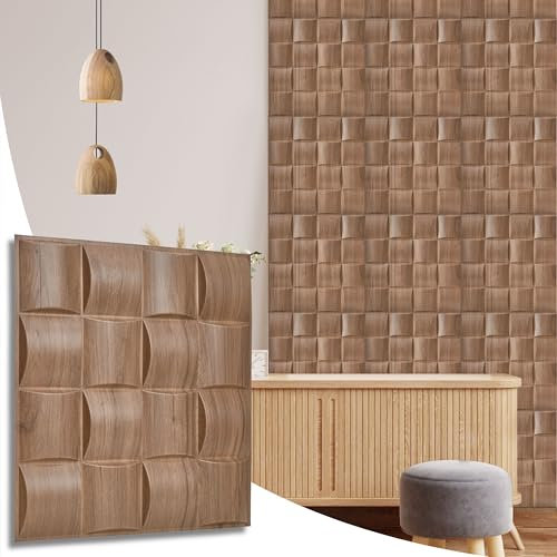 NOVECRAFTO Lattice Effect 3D Wall Panels - 8 Sheets Covering - 2 sqm | 21.53 sqf Interior Cladding Set | 3D Wall Tiles Square Grid Lattice Design in Matte Wood - Each Panel Size 19.6 x 19.6