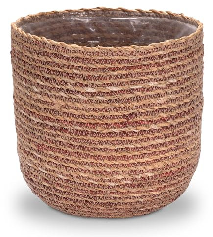 Decorasian Vaso da fiori in erba marina intrecciata, con inserto in pellicola in stile boho, 24 cm, colore: naturale/rosso