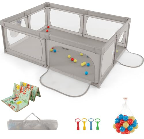 LIFEZEAL 206 x 147 x 69 cm Baby Laufstall Faltbar, Laufgitter mit 50 Spielbällen & Matratze & Seitentasche, Krabbelgitter Aktivitätszentrum für Kinder, mit Tragetasche (Grau)