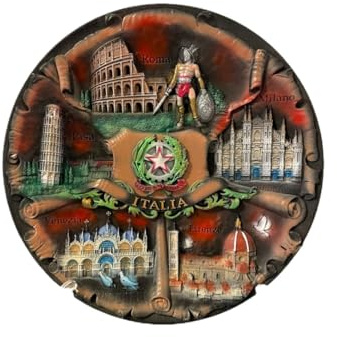 Dekorativer Teller im italienischen Vintage-Stil, handbemalt, 3D-Keramik, mit italienischen Sehenswürdigkeiten, perfektes Souvenir und Geschenk aus Italien, 20 cm (Italia 5 Städte in Rot)
