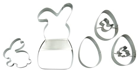 BekkiB 5er-Set Ausstechformen Hase & Ostereier - 2 Osterhasen-Ausstecher, 1 Linzer Unterteil & 2 Linzer Ausstecher aus Edelstahl sind spülmaschinengeeignet - 7283