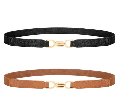 XZQTIVE Dünne Elastische Gürtel Für Frauen Schwarz Skinny Stretch Taille Gürtel Für Frauen Kleider Leder Verstellbaren Set Von 2(80CM, Schwarz + Braun)