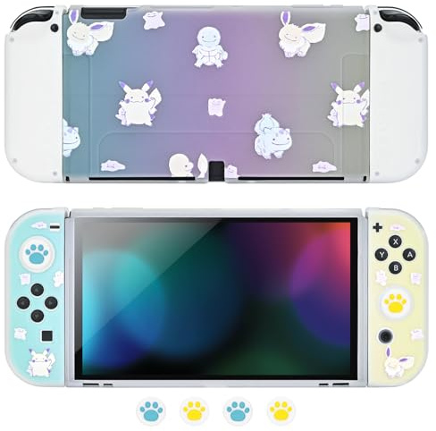 DLseego Coque pour Switch OLED,Coque Switch OLED en Protection Switch OLED Dockable Coque Souple Transparente en Couleur Dégradée avec 4 Capuchons de Poignée de Pouce,Poke Tortue