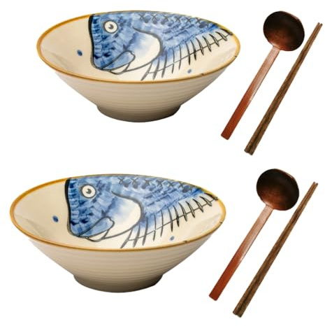 Bowltiful Ceramic Japanese Ramen Bowl Noodles Bowls for Soup Pho Udon Soba Salad Snack Cereal Dishes with Spoons Chopsticks 900ml Gift Set (Blue Fish)