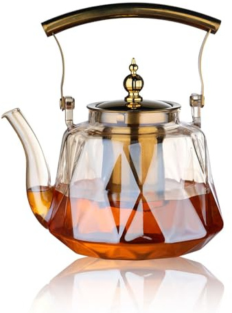 FIYSON Teekanne mit Siebeinsatz,1L,Glas Teekocher mit abnehmbarem Teesieb,Tea Pot Modern Hitzebeständig, Teekanne mit Kupfergriff,für Losen Tee Oder Beutel Teeglas,für Herd,Elektroherd (Bronze)