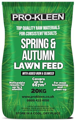Pro-Kleen Spring and Autumn Lawn Feed - Fertiliser for Green Up & Plant Strength - Covers up to 667m2 - Prevents Lawn Disease & Lasts up to 3 Months (20kg)