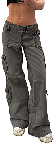 XKBHYD Y2k Jeans cargo pour femme - Pantalon baggy - Jambes larges - Denim - Taille basse - Plusieurs poches - Ample - Streetwear, gris, M