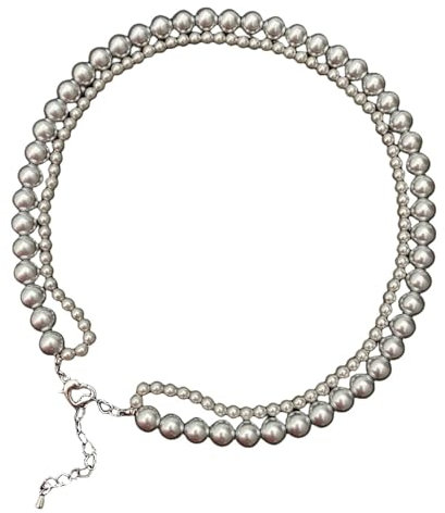 Ayoiow Damen Kette Versilbert Grau Kette Damen Hochzeit 2 Lagige Stapelbare Perlee Perlenketten