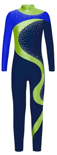 Yruioon Kinder Turnanzug Mädchen Langarm Gymnastikanzug Glitzer Ballettanzug Farbblock Ganzkörper Trikot Eiskunstlauf Body Sport Overall Jumpsuit Blau&Marineblau 134-140