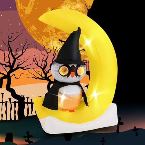 GOPLUS 155cm LED Halloween Aufblasbare Deko, beleuchtete süße Eule zum Aufblasen mit Hexenhut, Halloween Dekoration Outdoor mit LED Lichtern für Halloweenparty Familie Party Garten Rasen