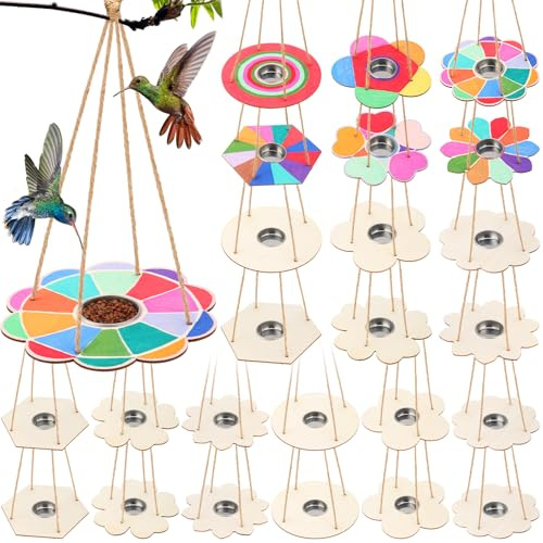 DoubleFill 48 Pcs Bird Feeder Craft Kits for Kids Ages 3-8 Make Your Own Bird Feeders Kids Arts and Crafts DIY Wooden Art Painting Flock Feeders for Outside DIY Vbs Crafts