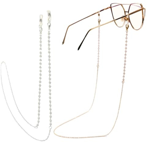 MUVONZI 2 Pezzi Pearl Occhiali Catena Appesa Collo Occhiali Anti-Goccia Corda, Catenella per Occhiali, Antiscivolo Laccetti per Occhiali Donna (oro e argento)