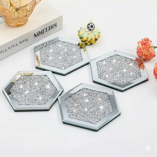 SERENA'S ® 4 Pack Crushed Diamond Crystal and Mirror Coasters Set of 4 Glittering Silver Coasters for Home Kitchen & Restaurant Décor, Sparkly Coaster Set for Gifting on Special Occasions (Hexagon)