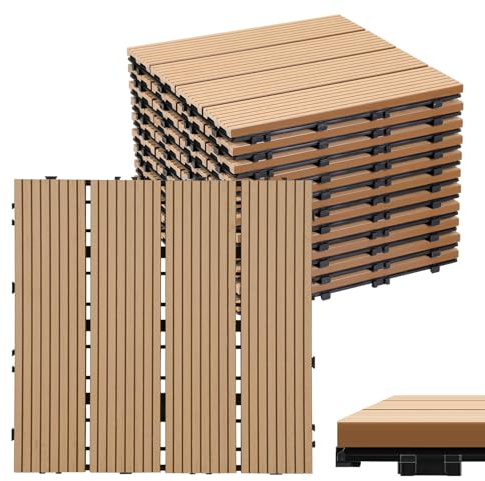 Eulenke WPC terrassplattor 44 stycken, 30 x 30 cm terrassbrädor för balkonggolv, klickplattor, balkongplattor i träutseende, golvbeläggning väderbeständig för terrass, för 4 m², teak