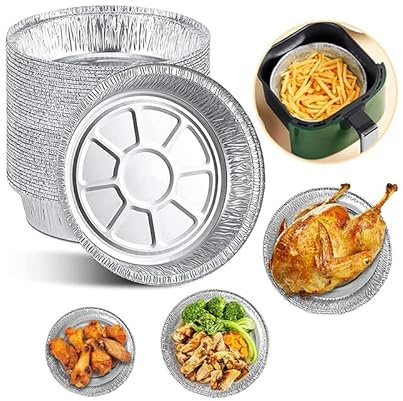 50PCS Round Silver Foil Trays - Disposable Aluminum Pie Pans and Food Containers for Air Fryers, Baking, Cooking, Storage, Roasting (7 inches)