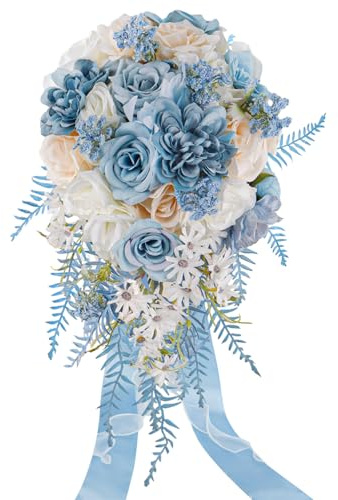 Dusty Blue Rose Bouquets for Bride Wedding White Navy Blue Champagne Cascading Bridal Bouquet Artificial Silk Flower Boho Rustic Ceremony Anniversary Decor Summer Fall Winter Wedding Toss Bouquet