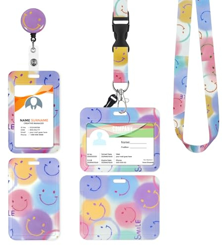 Porte Badge Tour de Cou 2 Pcs Porte-Badge avec Portant Cordon Pour Carte d'Identification Protege Carte Bancaire Carte de Bureau Porte Carte Bus(smiling face)