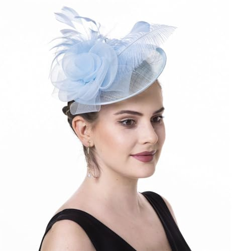 Haojing Blomma bröllop tävlingar fest fascinator näthatt och fjädrar, A4-ljusblå, M