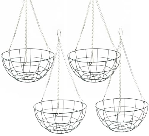 Gro Garden Products Heavy Duty Wire Hanging Basket, Round Basket, Flat Bottomed for Flowers with 3 Strand Chains, With or Without Liners 12 and 14 (4, 14 Basket Only)