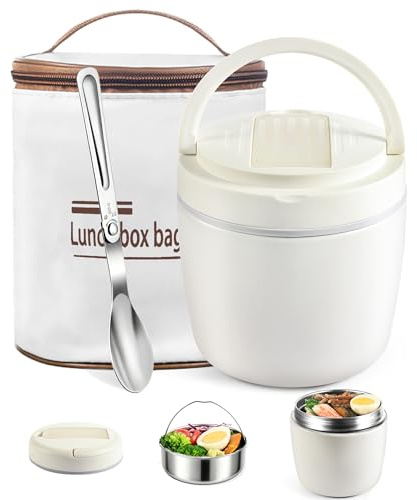 BAVATEE Calentador de comida portatil 1.2L. Fiambrera termica con cuchara, doble pared inox. Termo comida hermético. Ideal comidas, sopas, almuerzos. Uso: exterior/oficina (Blanco)