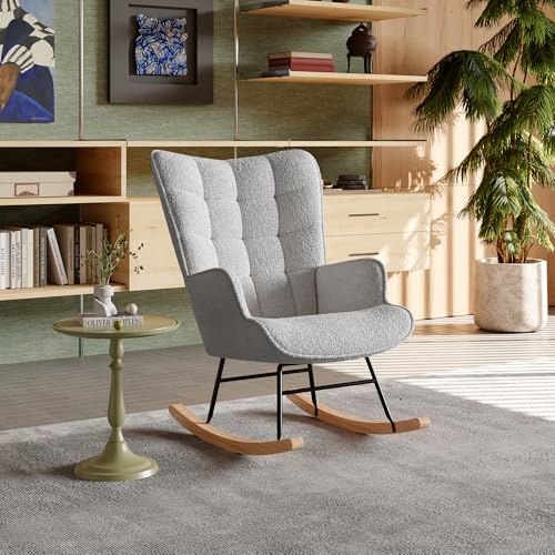 CDQL Schaukelstuhl Relaxstuhl Sessel Stuhl Wohnzimmersessel, Schaukelsessel Gepolsterter Schwingsessel, Teddy Samt Reclining Schaukelstuhl fürs Wohnzimmer Schlafzimmer Balkon, Hellgrau