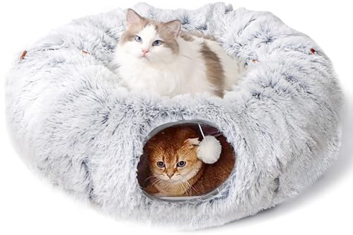 Katzentunnel Große Katzen, 80 cm Donut Katzenspielzeug mit Schlafplatz & Hängende Bälle, Weihnachtsbaum Spieltunnel, Faltbarer Verstecktunnel für Kitten Kleintiere (Grau, 80cm)
