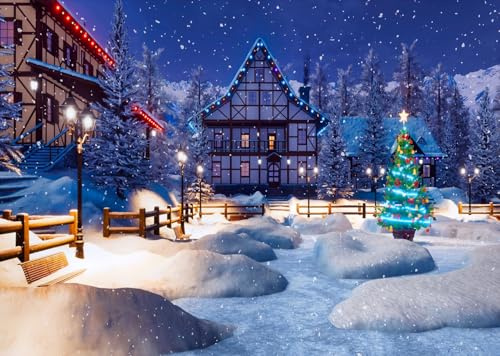 CORFOTO 1.8x1.2m verschneite Alpennacht-Hintergrund, Weihnachtsbaum, Schneeflocken-Landschaft, Fotografie-Hintergrund, Weihnachtsdorf-Dekoration, Silvesterparty, Fotoautomaten-Requisiten