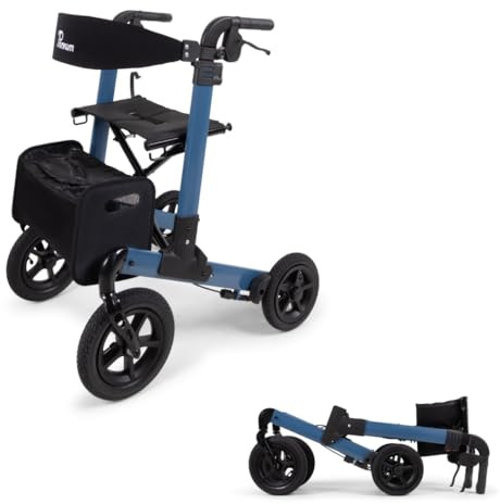 Parvum Luxo Air Rollator - Leicht & 2-fach faltbar – Mit Luftreifen, integriertem Bremssystem, gepolsterter Sitz- und Rückenlehne, Tasche, Stockhalter - 7,1 kg - Gehhilfe für Senioren - Azurblau