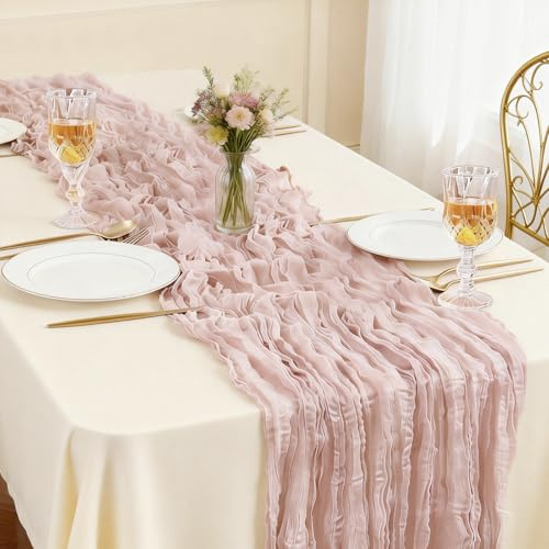 Otauoaea Tischläufer Vintage-Rosa (1 Stück, 50x300 cm) - Rustikale Gaze Käsetuch Tischläufer im Bali-Gaze mit Faltenwurf für Hochzeit, Gartenparty, Brautparty, Geburtstag & Boho-Deko