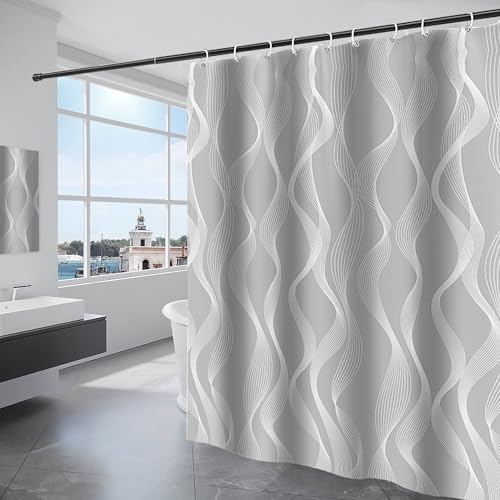 KAIMEIYU Duschvorhang Waschbar Textil Polyester Stoff Bad Vorhang mit 12 Ringen Wasserdicht für Dusche und Badewanne 180 x 200 cm Grau