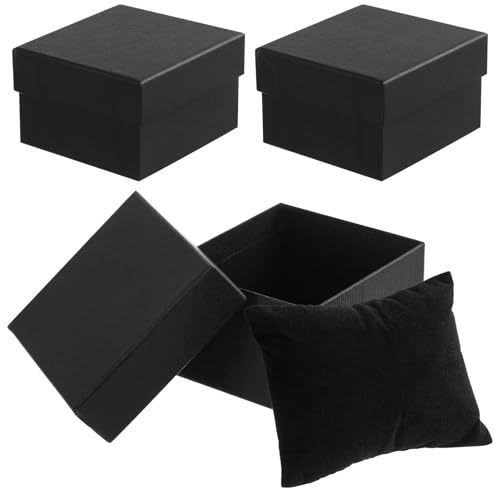 BESPORTBLE Boite Présent Montre pour Rangement Élégant de Montres et Bracelets en Carton Noir, Boîte à Bracelet Coussin en Tissu et Fibrefill, Lot de 3 Pièces