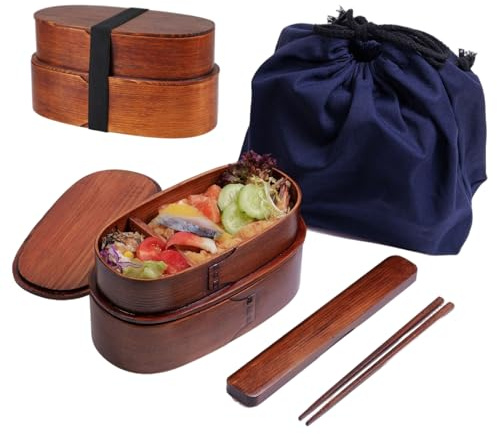 Monetais Japanese Lunch Box 2-Tier Natural Wooden Lunch Containers with Tableware & Storage Bag Portable for Women Men Adults Kids Box