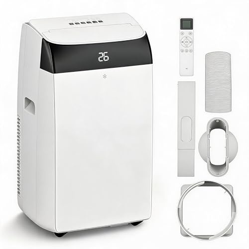 GarveeMore Pingüino Aire Acondicionado Portátil 10000 BTU 3 en 1 Frío, Ventilador y Deshumidificador para Habitaciones de 30m², Incluye Kit de Ventana y Mando a Distancia, Blanco